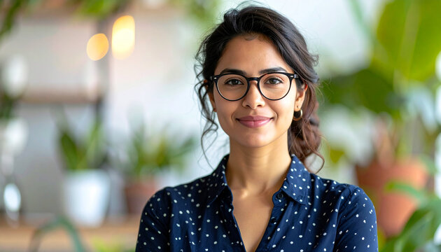 Confident woman in eyeglasses wearing navy polka dot shirt, smiling in modern office with green plants, natural light, professional and friendly atmosphere