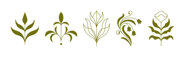 Obraz premium Vector set of logo design templates and graphic elements, organic cosmetics, floral illustration in simple linear hand drawn style, plants and flowers, natural products emblems