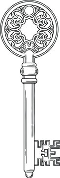 Ornate antique key drawing features scrollwork.