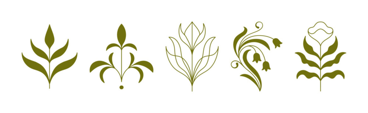 Vector set of logo design templates and graphic elements, organic cosmetics, floral illustration in simple linear hand drawn style, plants and flowers, natural products emblems