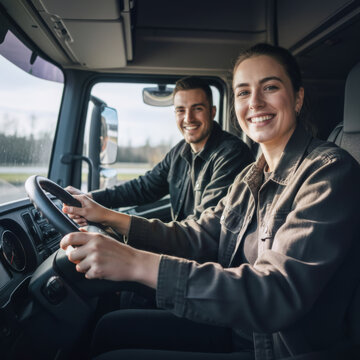 Smiling young woman truck delivery driver and male co-driver sitting in cabin of commercial vehicle. Professional logistics team in uniform during freight transportation and shipping delivery.