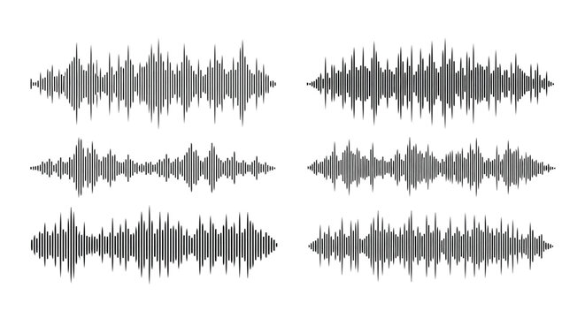 Six distinct grey sound wave visualizations, each displaying a unique pattern of amplitude fluctuations over time, presented against a white background.