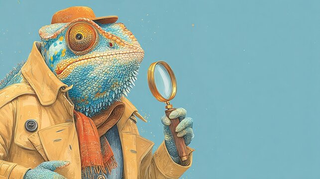 Stylized Digital Painting of a Cool Detective Chameleon Character Wearing a Trench Coat and Fedora Hat Holding a Magnifying Glass Investigation Concept