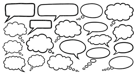 Fototapeta premium A collection of hand-drawn speech bubbles and thought clouds in various shapes and sizes, isolated on a white background.