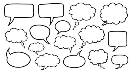 A collection of various hand-drawn speech and thought bubbles in different shapes and sizes, isolated on a white background.