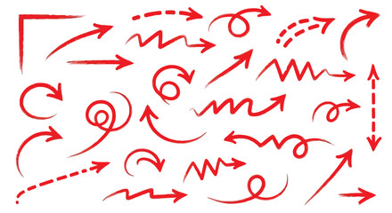 Collection of various red hand-drawn arrow icons with different styles and directions on a white background.