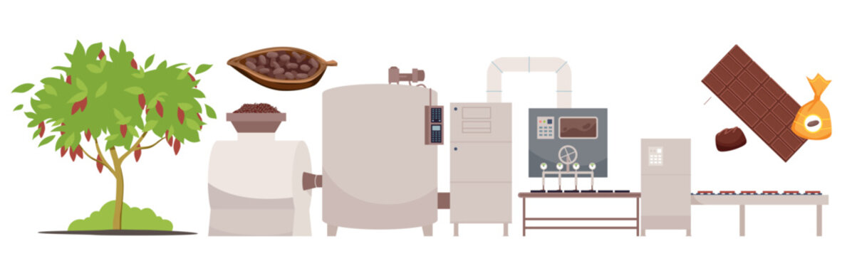 Cocoa tree, beans, industrial chocolate making machines, and finished chocolate products shown in a step-by-step manufacturing process isolated on white background vector illustration