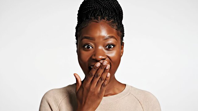 Beautiful young African woman with wide eyes covering mouth expressing surprise on white background