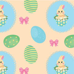 Cute Easter Bunny Seamless Pattern with Eggs, Flowers and Bows in Pastel Colors