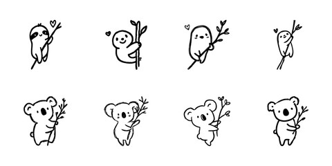 Obraz premium Cute Sloth And Koala Line Icon Set In Doodle Style. Adorable Animal Characters With Branches And Hearts Outline Sketch Collection. Hand Drawn Isolated Vector Illustration