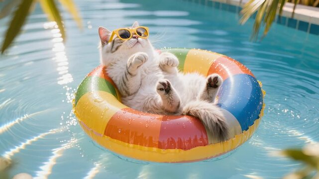 A fluffy cat wearing yellow sunglasses lies on a bright inflatable ring floating in a clear swimming pool. Concept of summer vacation, relaxation and fun pet lifestyle.