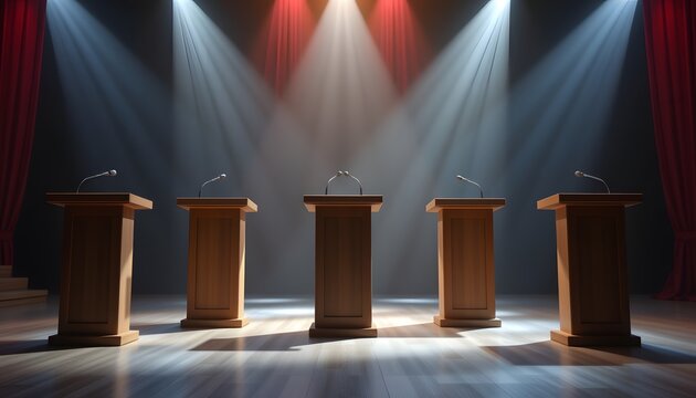 Podiums and Microphones: An image portraying a stage with multiple podiums and microphones, ready for a presentation, debate, or public speaking event.