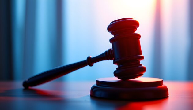 Justice's Gavel: A solemn gavel sits on a wooden sound block, illuminated by the atmospheric play of light and shadow, suggesting concepts of law and decision-making.