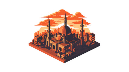 Obraz premium Majestic mosque at sunset in isometric style with orange hues and cloud background