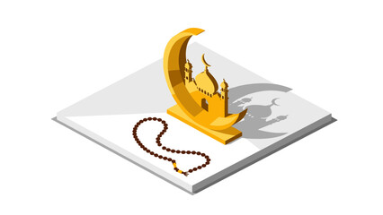 Golden islamic crescent and mosque with prayer beads on geometric surface