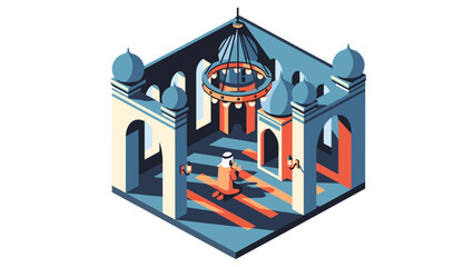 Isometric mosque interior with chandelier and arches in modern design