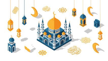 Isometric mosque and ornamental crescent decorations in arabic style