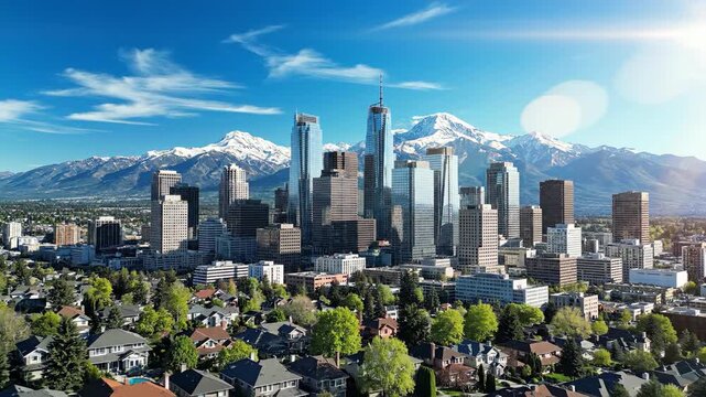 City skyline with mountain backdrop on a clear sunny day