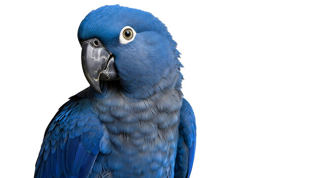 Close-up portrait of a majestic vibrant blue parrot, featuring its striking plumage and expressive eye against a clean white background, highlighting the bird's natural elegance and captivating presen