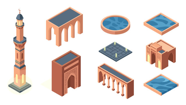 Isometric architectural elements featuring arches and pools