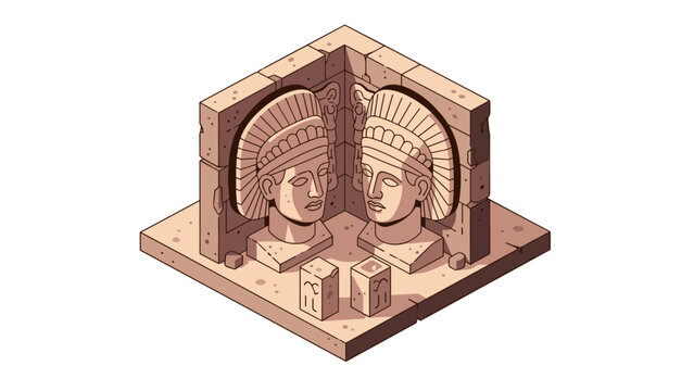 Isometric ancient stone relief with aztec warrior head statues in monument