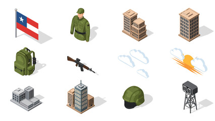 Isometric military icons set: buildings, soldier, equipment, clouds