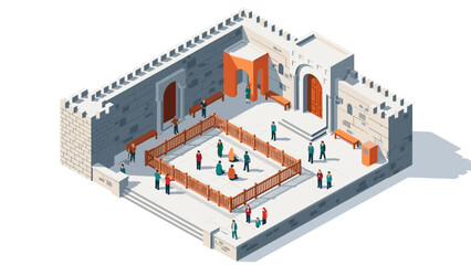 Ancient fortress courtyard with visitors in isometric design