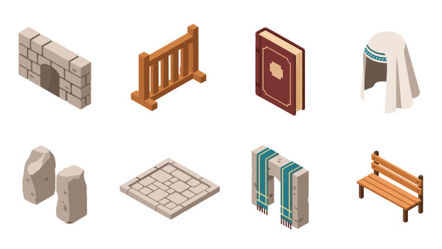 Isometric ancient artifacts collection: brick wall, stone pillars, ancient book, and more