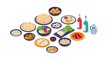 Isometric traditional indian cuisine: delicious dishes and ingredients