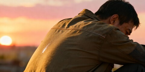 The back view of a tired man and the sunset