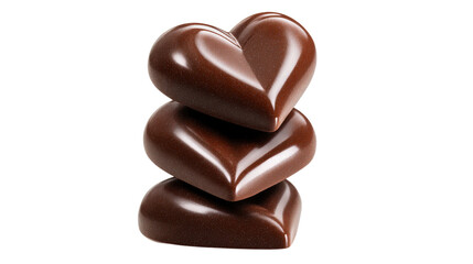 Obraz premium Three elegant heart shaped chocolates stacked vertically on transparent background, studio shot, romantic gift idea, sweet dessert, luxury confectionery, rich cocoa indulgence