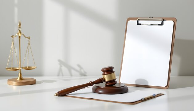 Justice and Order: A visually striking arrangement showcasing the fundamental symbols of law: the balanced scales of justice, the gavel, and a blank document.