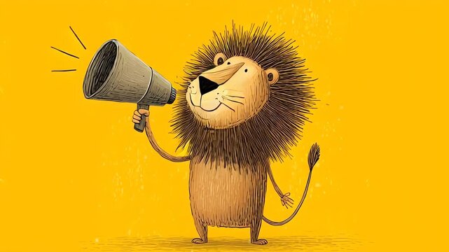 Cartoon lion mascot shouting through megaphone on bright yellow background