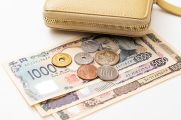 白背景に日本のお金と財布