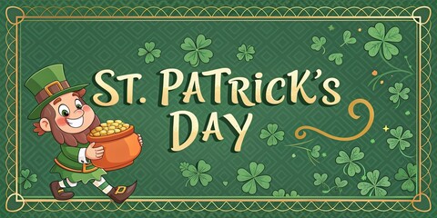 Fototapeta premium Happy Saint Patrick Day banner with smiling leprechaun holding pot of gold on green background.