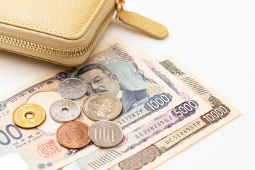 白背景に日本のお金と財布