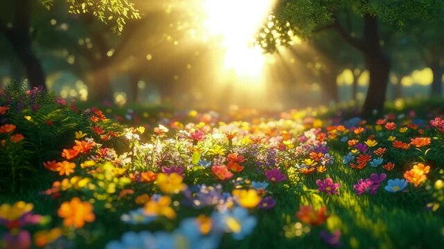Golden sunbeams illuminate whimsical springtime meadow ablaze with brightly saturated blossom and lush green foliage in enchanted forest grove