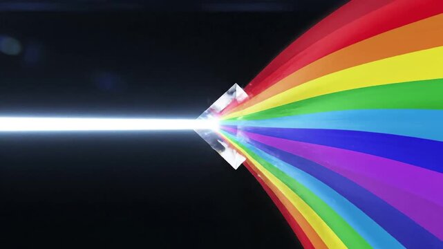 White light passing through a prism and dispersing into a rainbow spectrum.