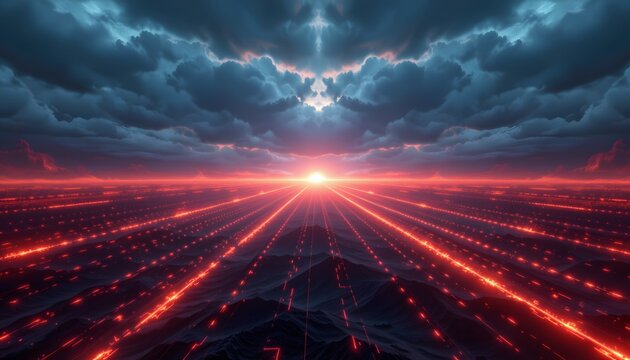 Celestial Vista: An awe-inspiring perspective of a vast, futuristic cityscape illuminated by the brilliant glow of a setting sun. The sky is filled with dark clouds, amplifying the dramatic effect.