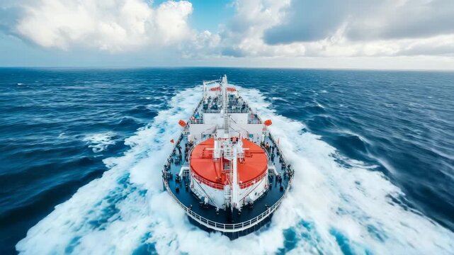 Expansive ocean voyage: formidable commercial ship powers through deep blue waves, leaving broad foamy wake under open, cloudy firmament.