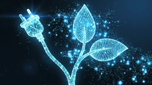Glowing electric plug morphs into a futuristic leafy plant, symbolizing sustainable energy and eco-friendly technology in a dark blue environment.