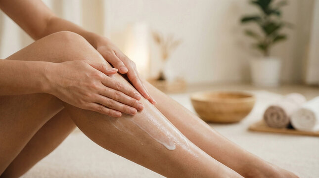 A person applies lotion to their leg in a serene environment, promoting a sense of relaxation and self-care.