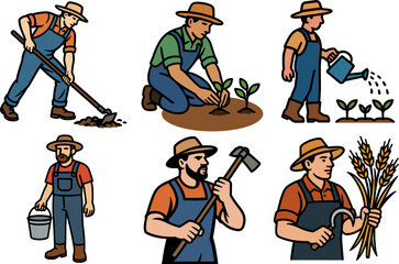 Set of six clean bold outline farmer activities showing watering, planting, and harvesting. Suitable for children&rsquo;s worksheets, educational materials, and learning resources.