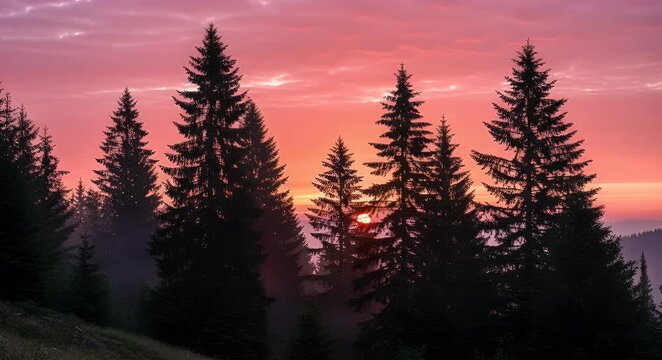 Silhouetted evergreen trees against a vibrant sunset sky