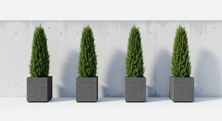 Minimalist Evergreens Modern Concrete Planters in Sunny Light.