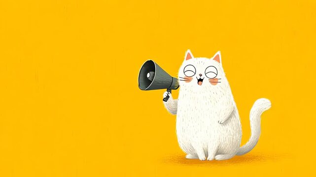 Cute fluffy cat cartoon holding a megaphone making announcement