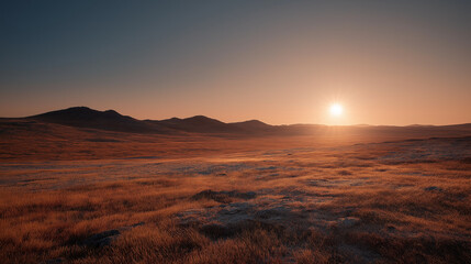 Golden Sunset Over Arctic Tundra, A breathtaking view of a desolate arctic tundra bathed in golden sunset light, with rolling hills and a serene horizon. Perfect for nature-inspired designs.