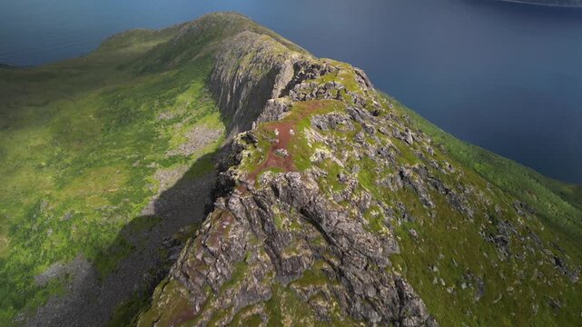 Mountain peaks and fjords in Senja, Northern Norway - Aerial footage