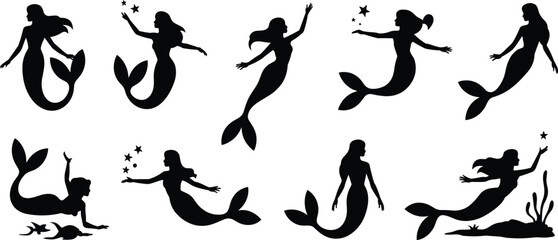 Mermaid silhouette set, fantasy sea siren poses, mythical women, underwater magic, black vector, isolated, white background, collection, icons, elegant, design