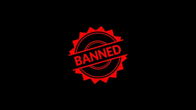 Banned stamp animation on transparent background. Red stamp Banned business imprint animation with black background denied stamp video. Stamp with the text Banned animation.